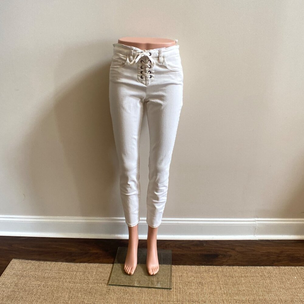 Blank NYC Ivory High-Waisted Lace-Up Skinny Jeans, Size 28 - Picture 7 of 13